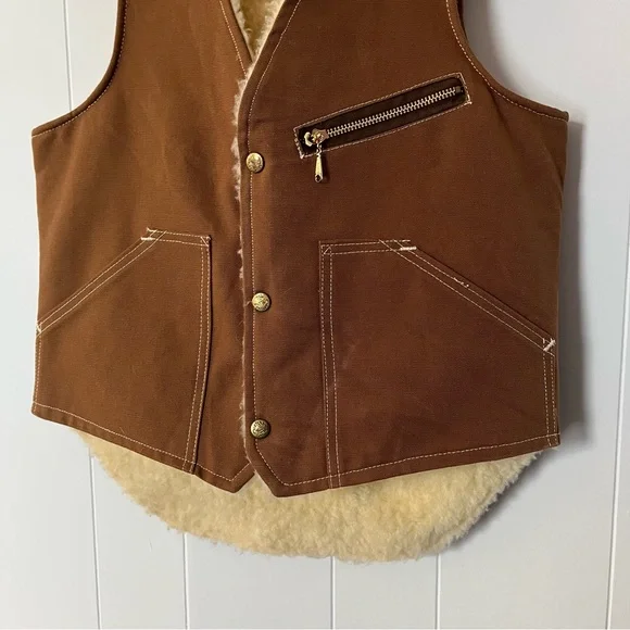 Vintage Carters Fleece Lined Canvas Vest 1970s Work Sherpa Duck USA Brown Tan - Picture 6 of 13